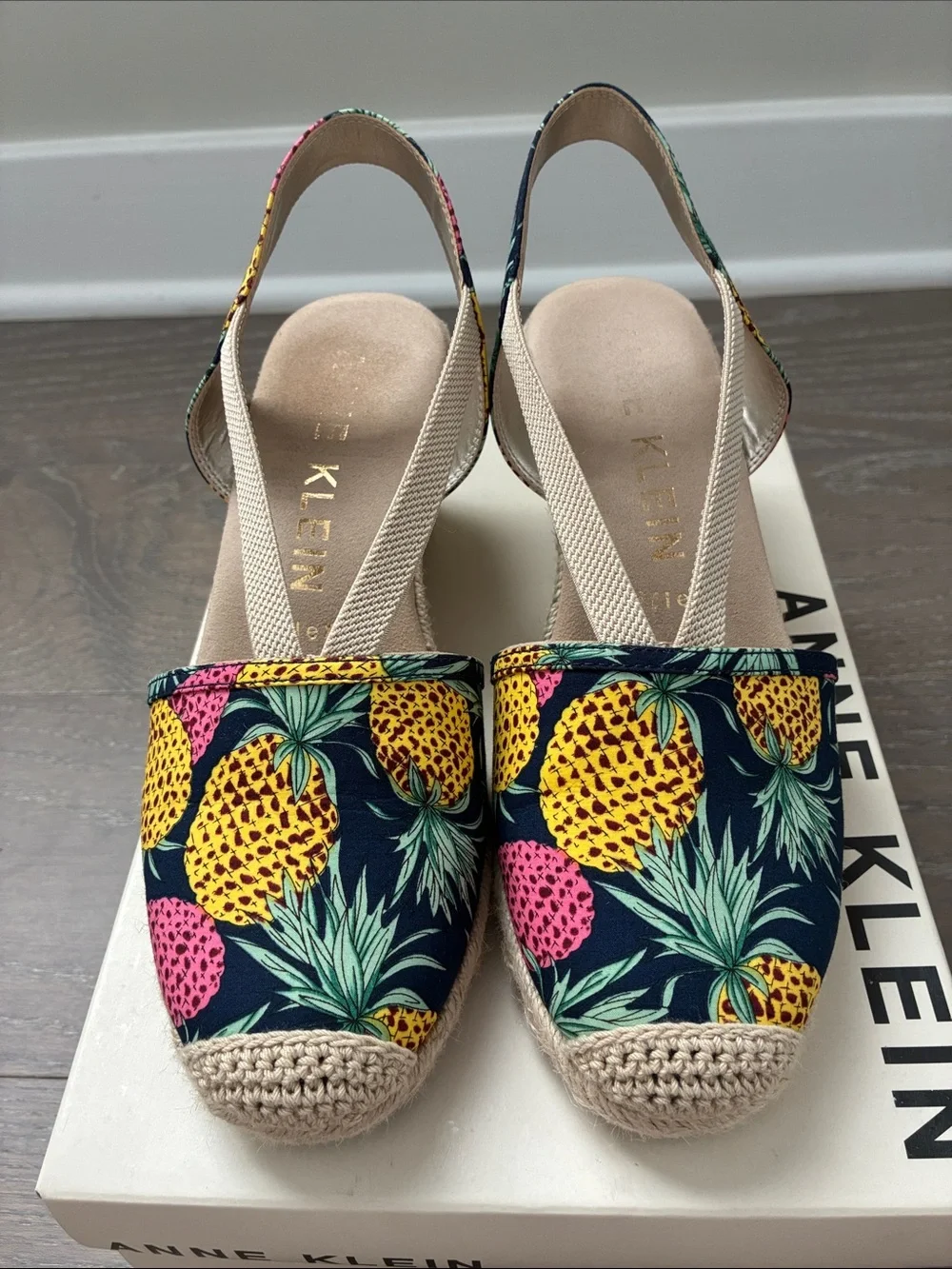 Anne Klein Navy Pineapple Print Espadrille Slingback Wedges